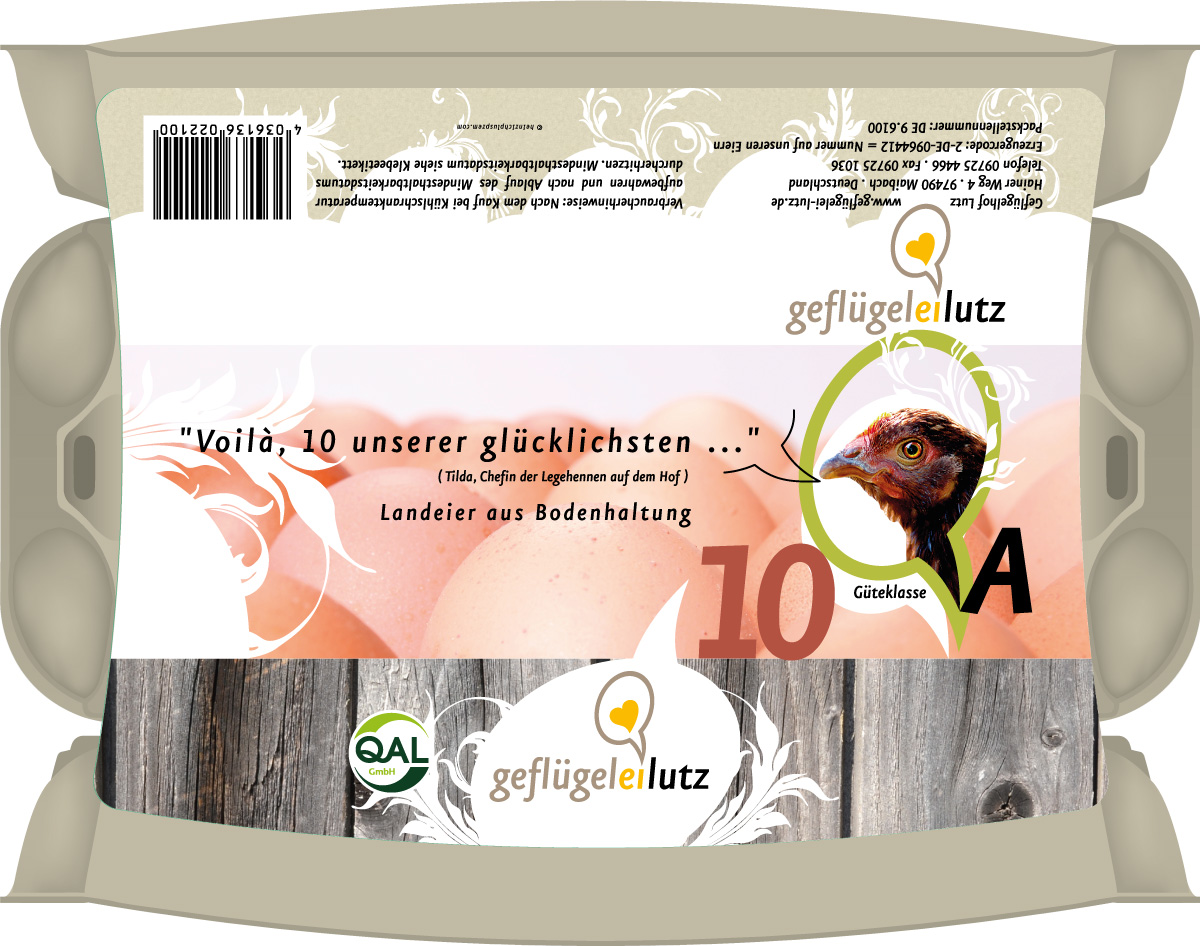 Original Lutz Ei aus Maibach 10er Pack Landeier aus Bodenhaltung nur original mit diesem Etikett in dieser Eierschachtel